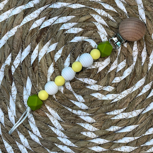 olive and yellow paci clip